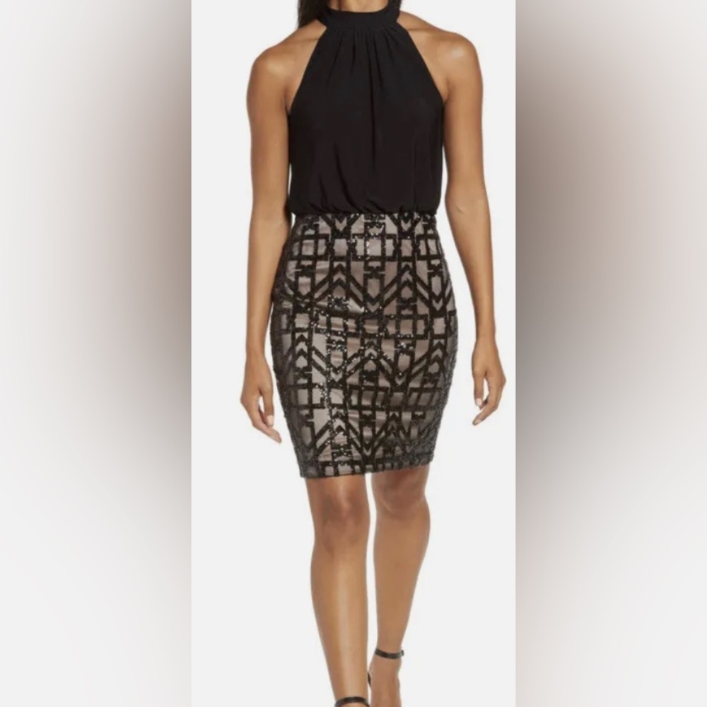 Nwot Vince Camuto Size 6 Sequined Halter Mini Dress Black